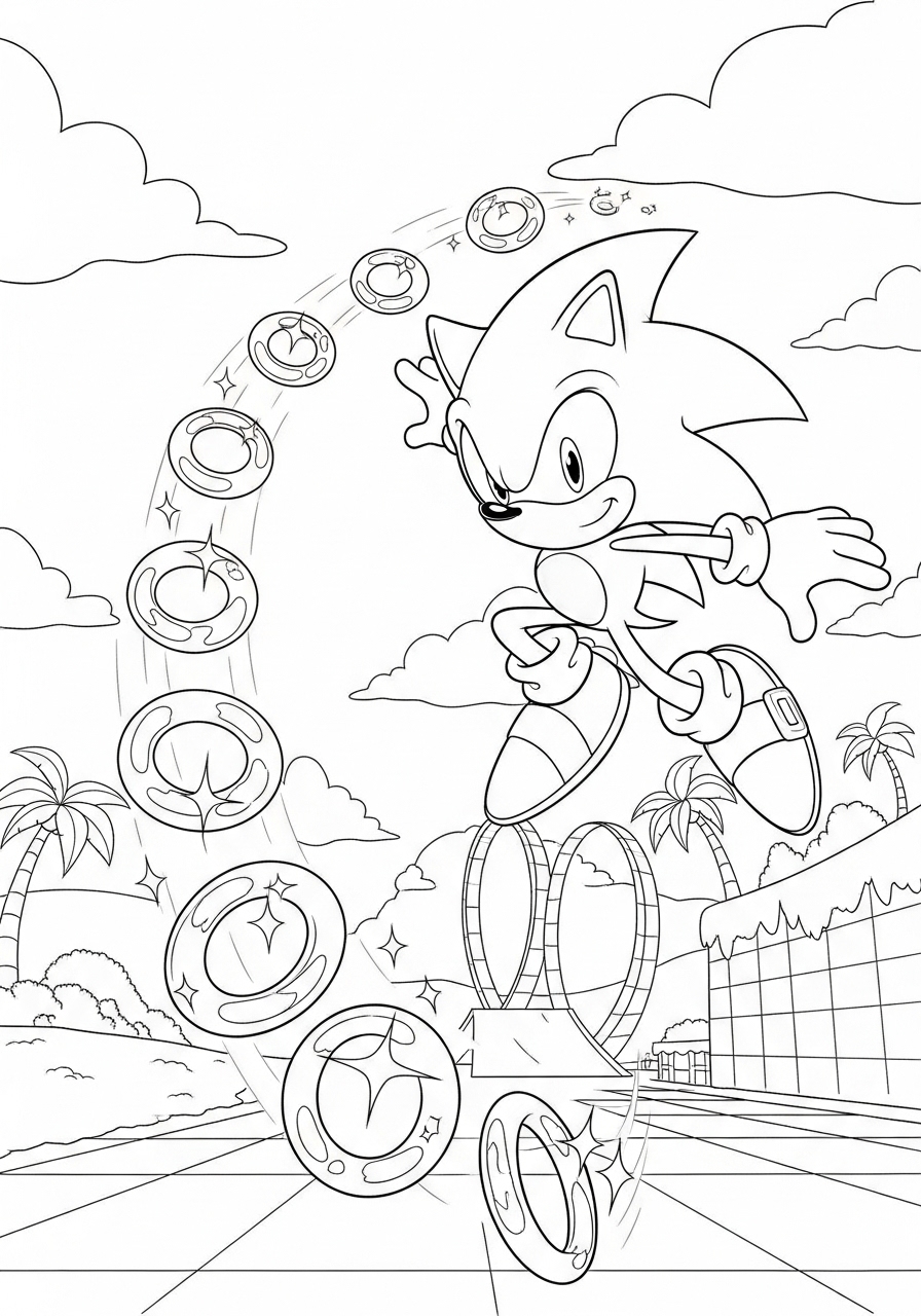 Desenho do Sonic pulando em anéis para imprimir e colorir