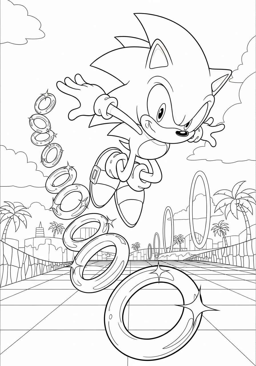 Desenho do Sonic pulando entre os anéis para colorir e imprimir