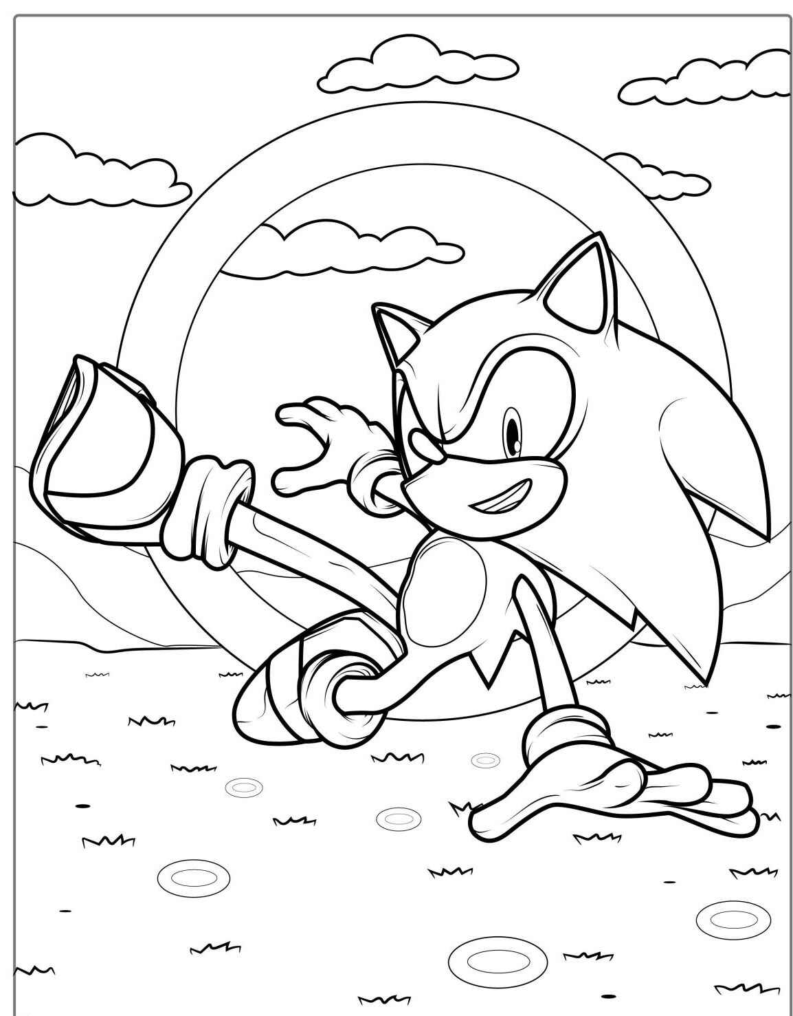 Desenho do Sonic correndo com anéis para imprimir e colorir