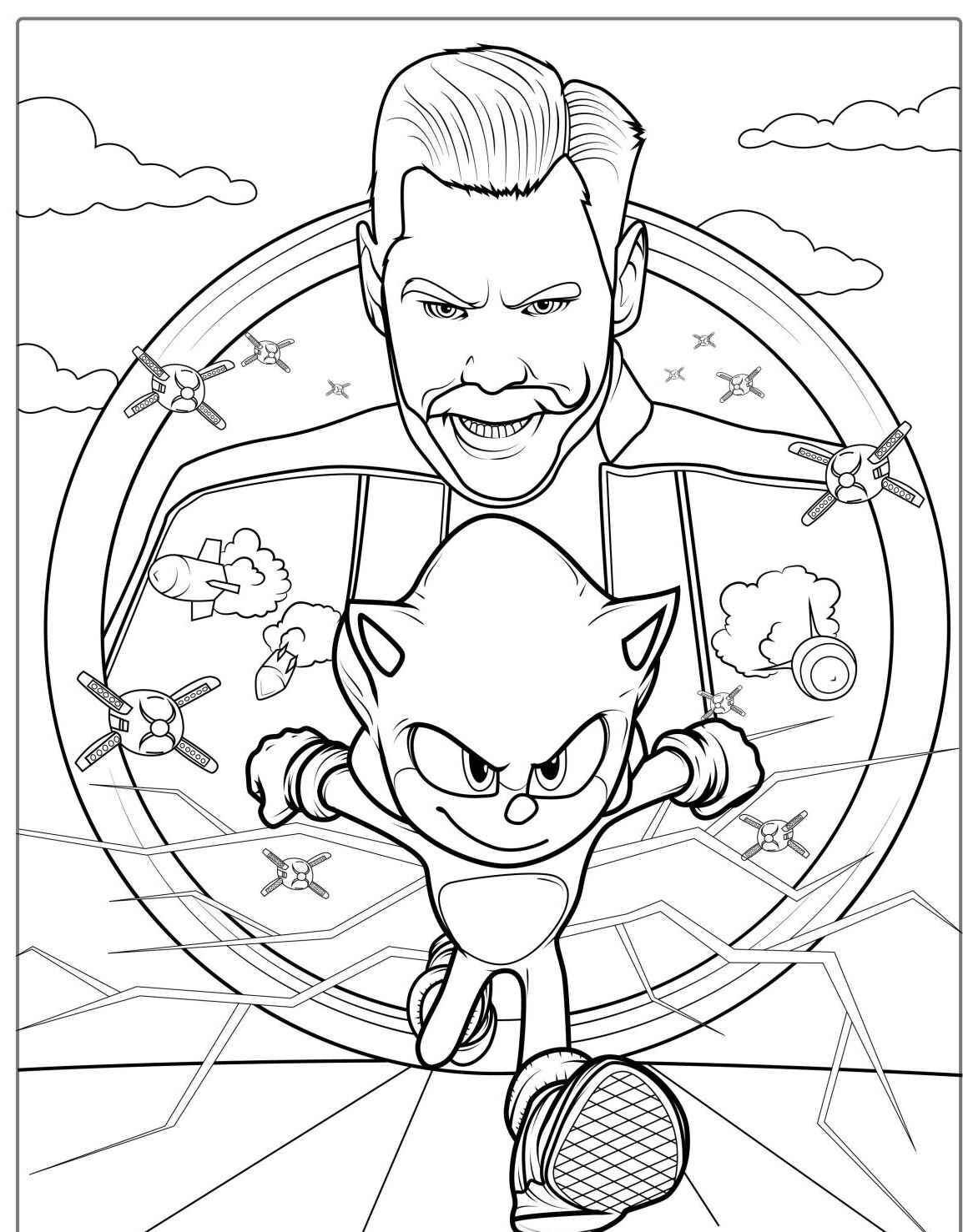 Desenho do Sonic correndo com o vilão para imprimir e colorir