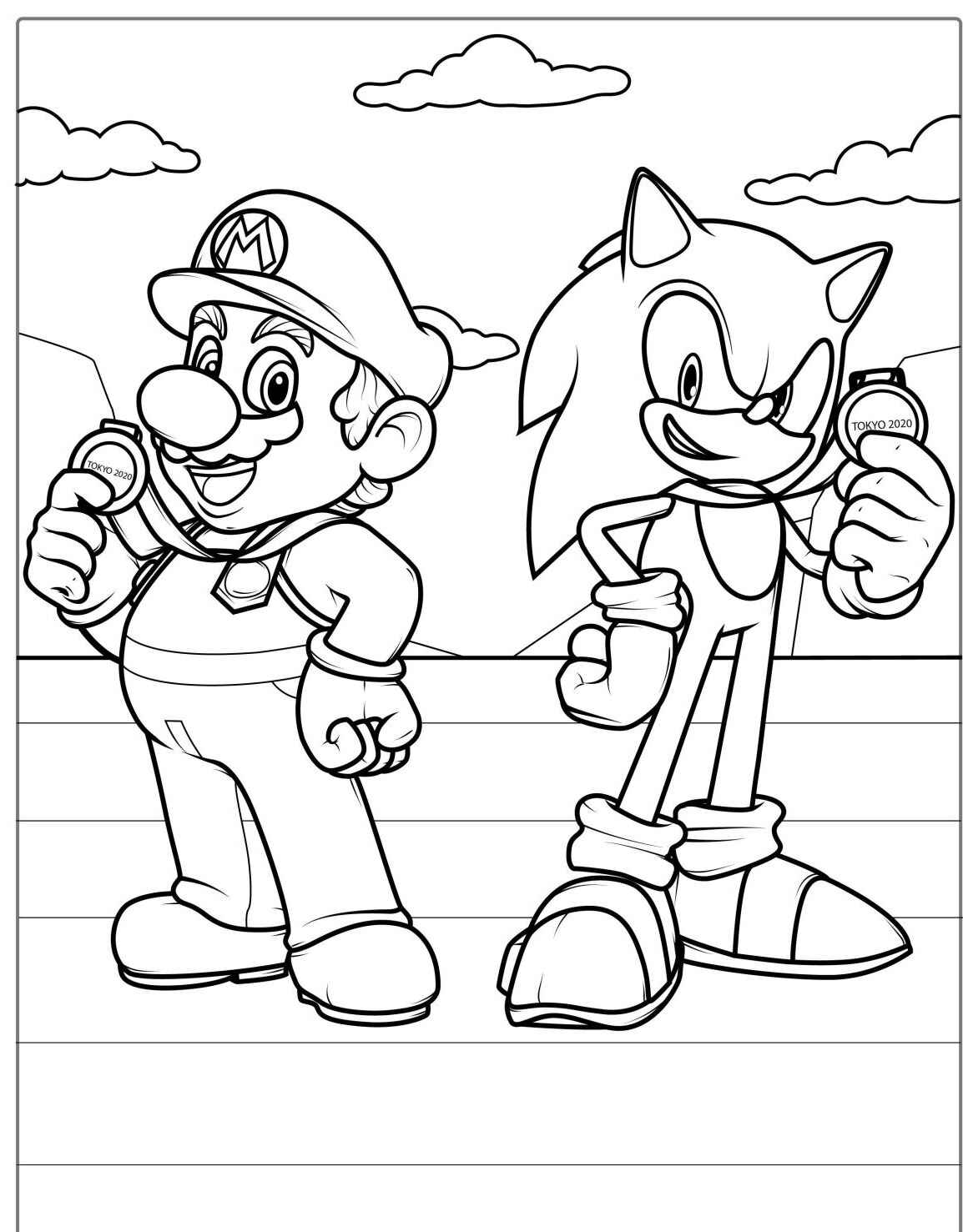 Desenho do Sonic e Mario em pose divertida para imprimir