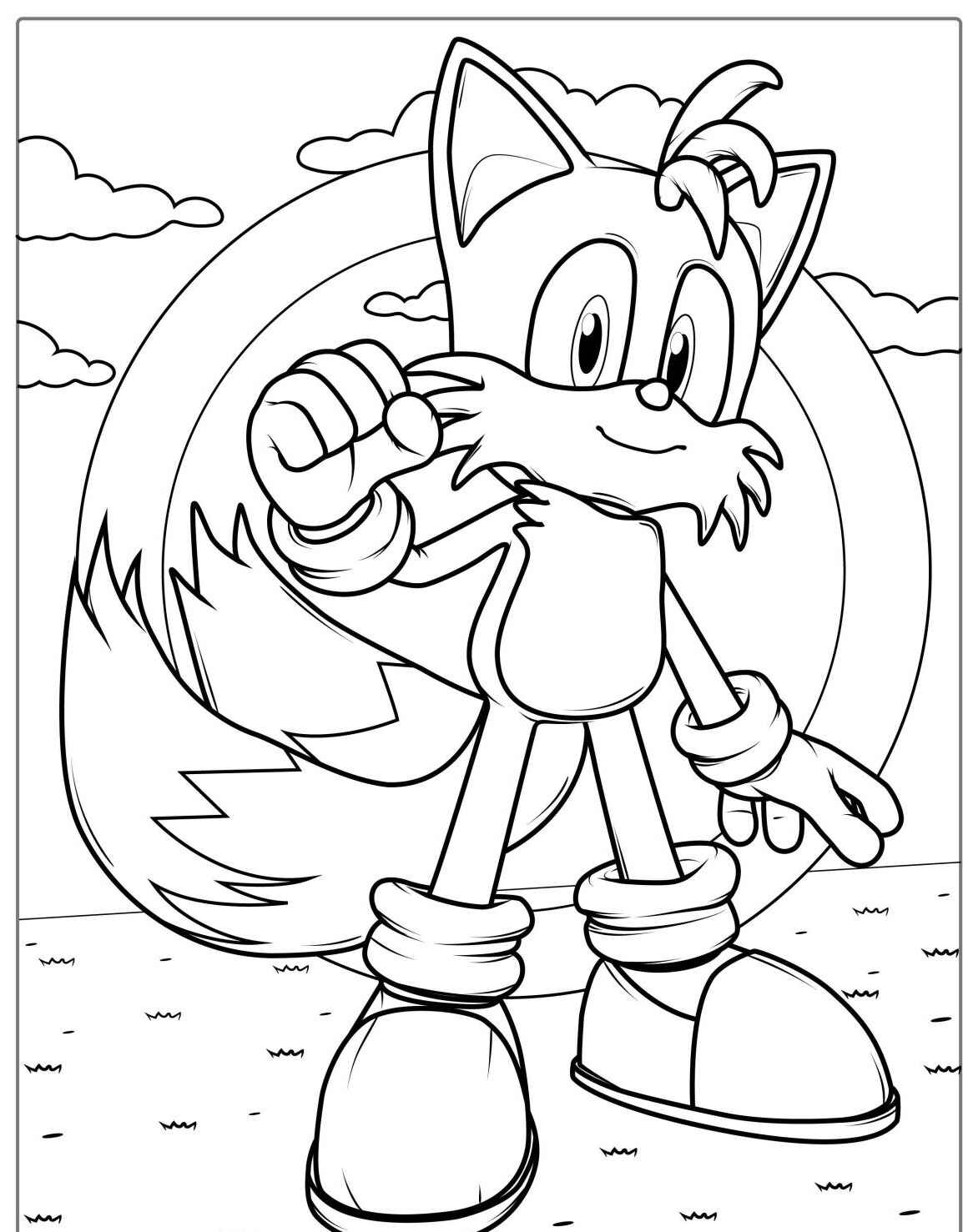 Desenho do Tails posando com a cauda para imprimir e colorir