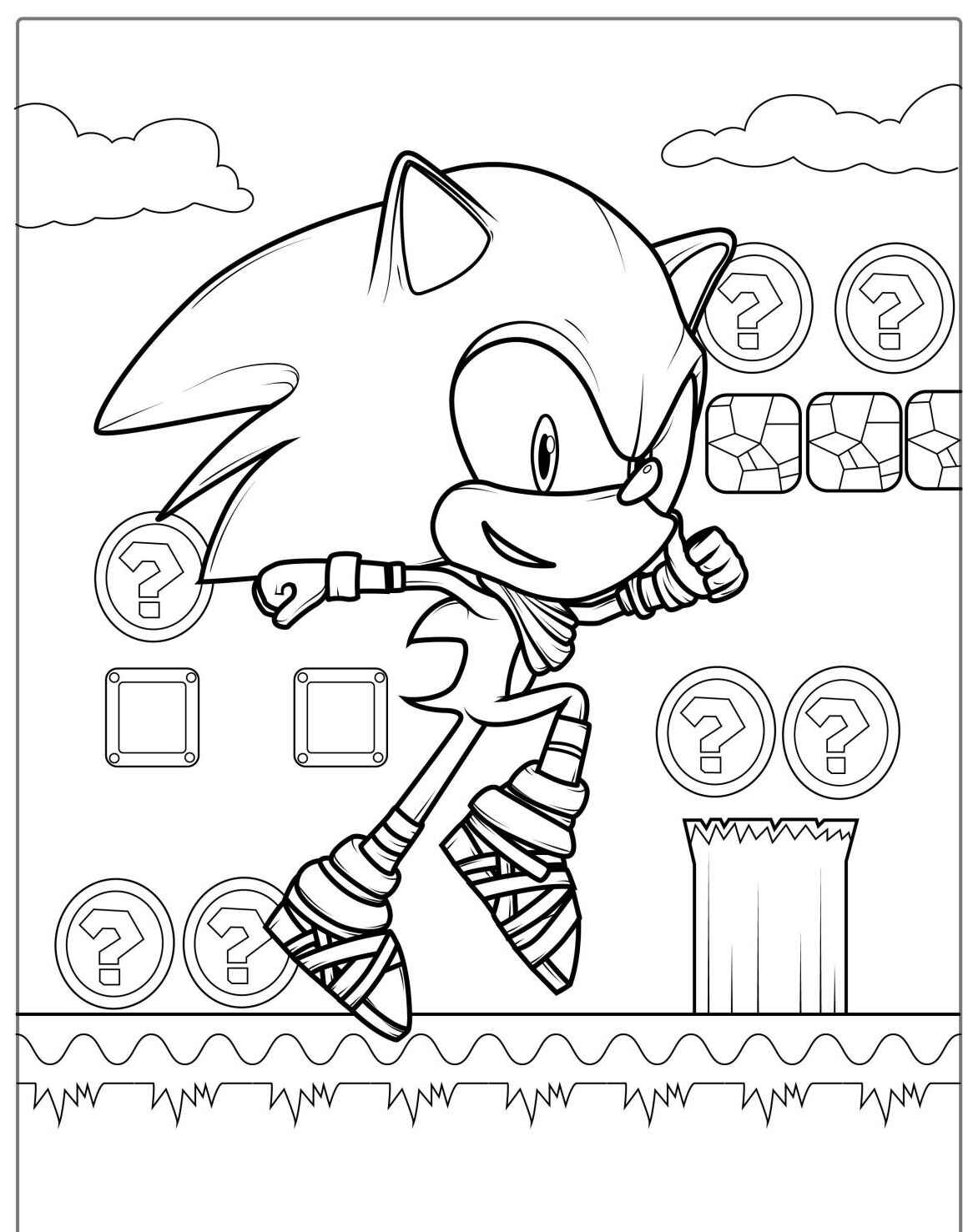 Desenho do Sonic correndo em um cenário para imprimir e colorir