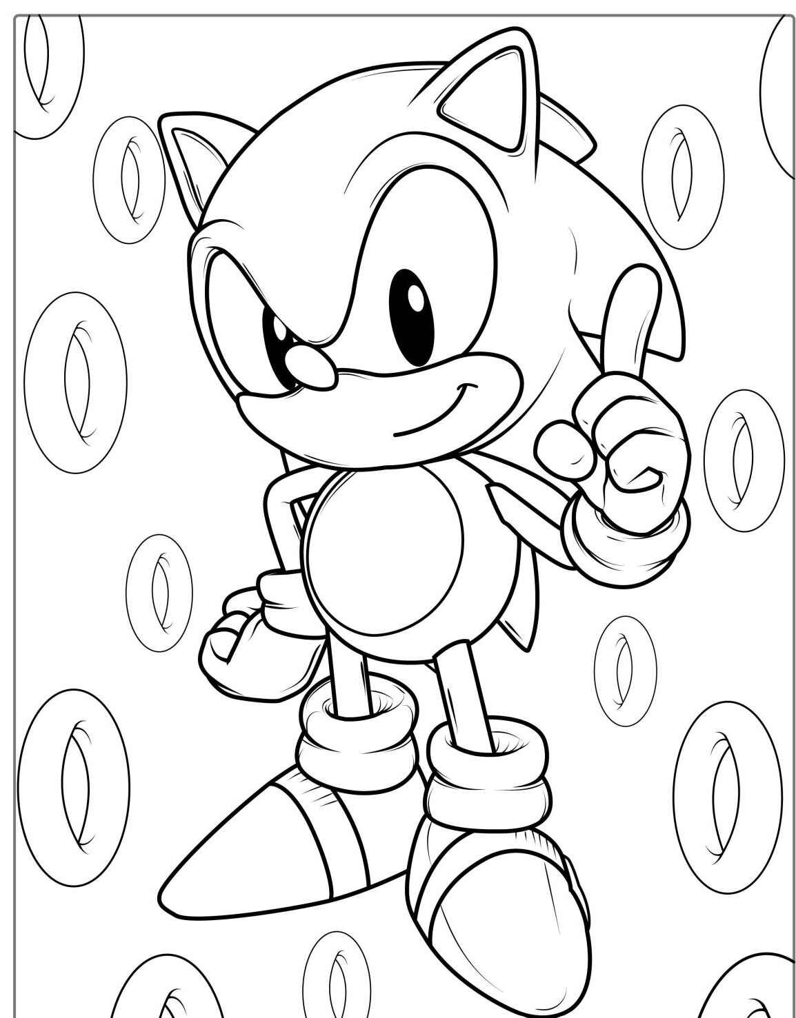 Desenho do Sonic em pé mostrando um dedo para imprimir e colorir