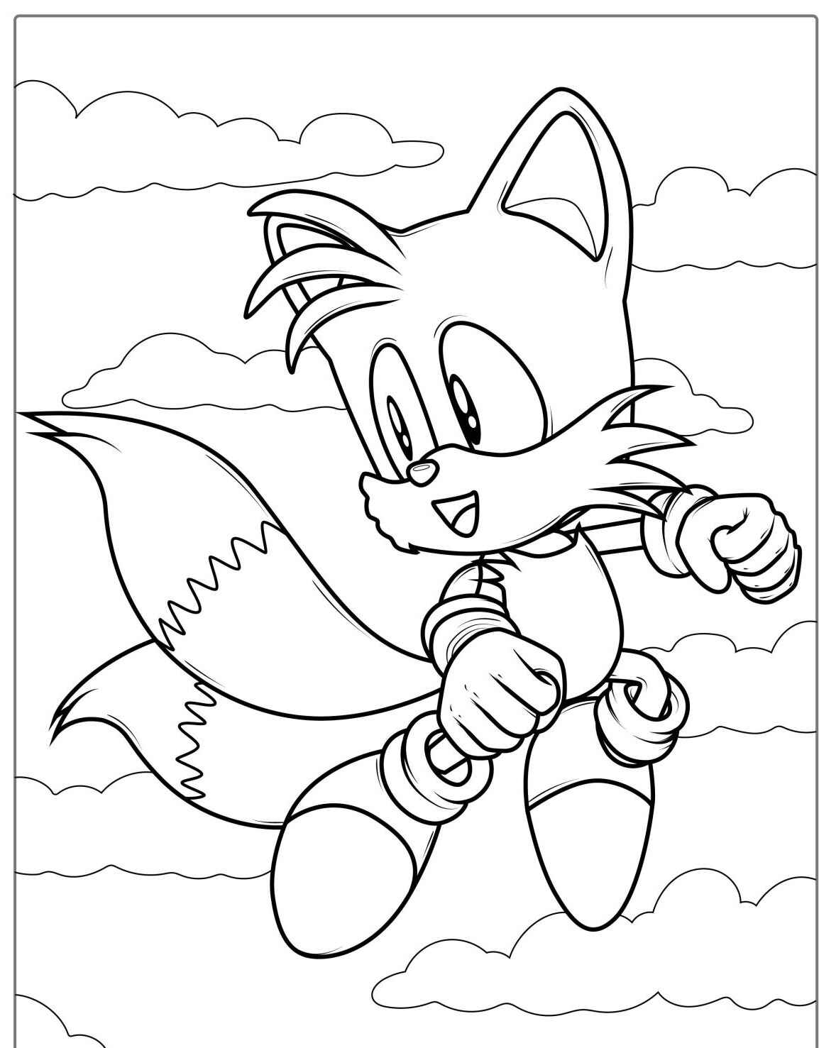 Desenho do Tails voando entre nuvens para imprimir e colorir