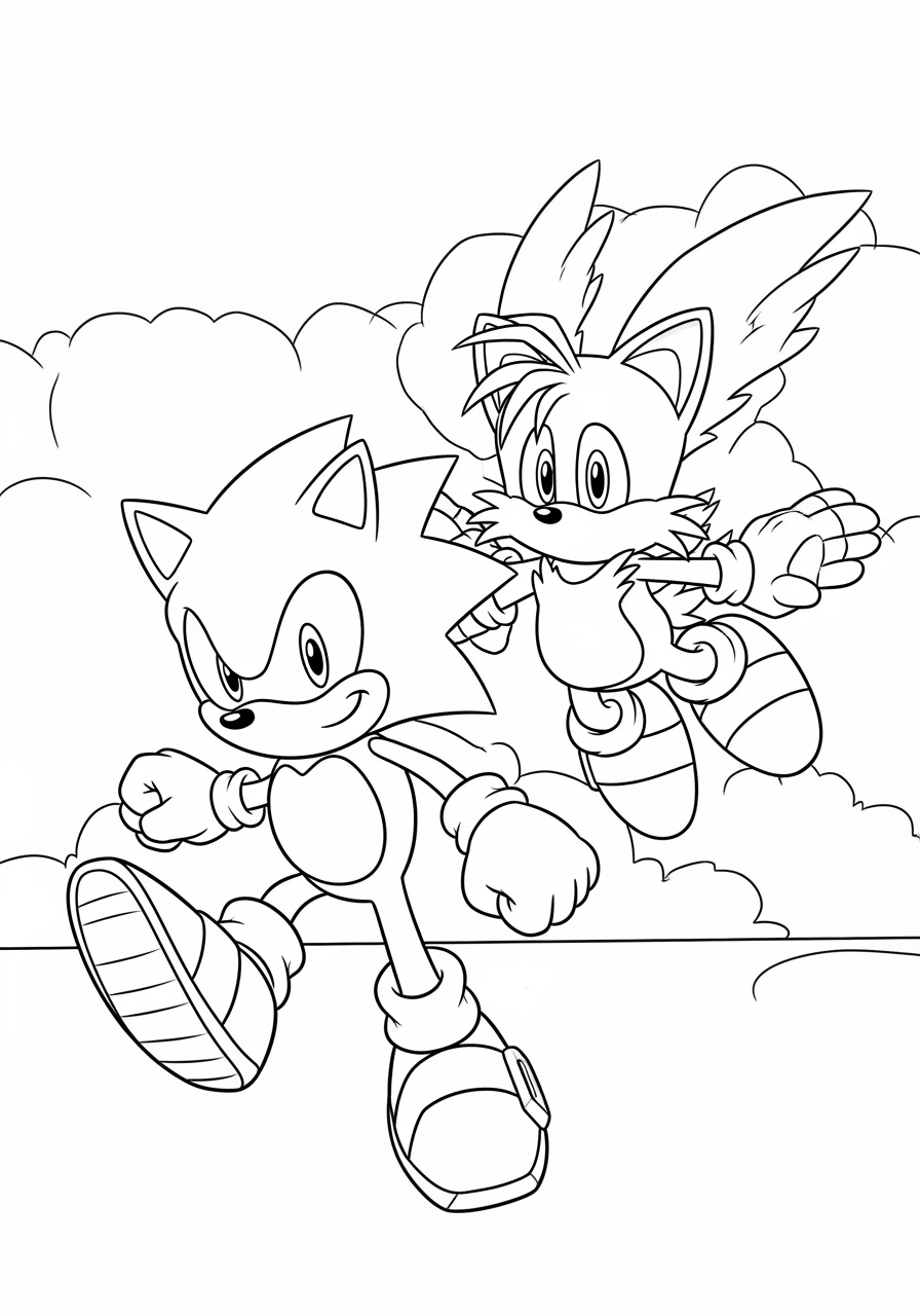 Desenho do Sonic e Tails correndo juntos para imprimir e colorir