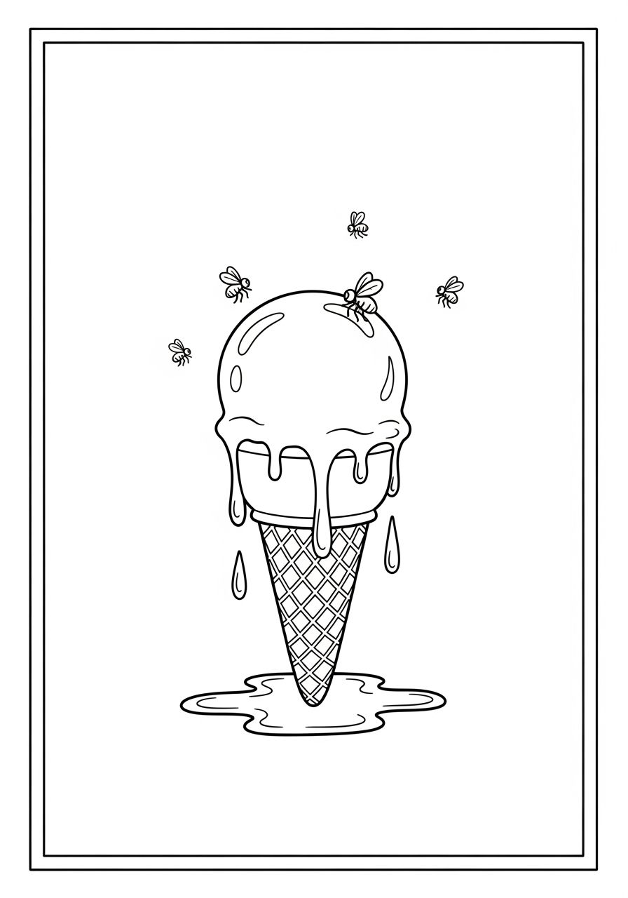 Desenho de sorvete derretendo com abelhas e cone