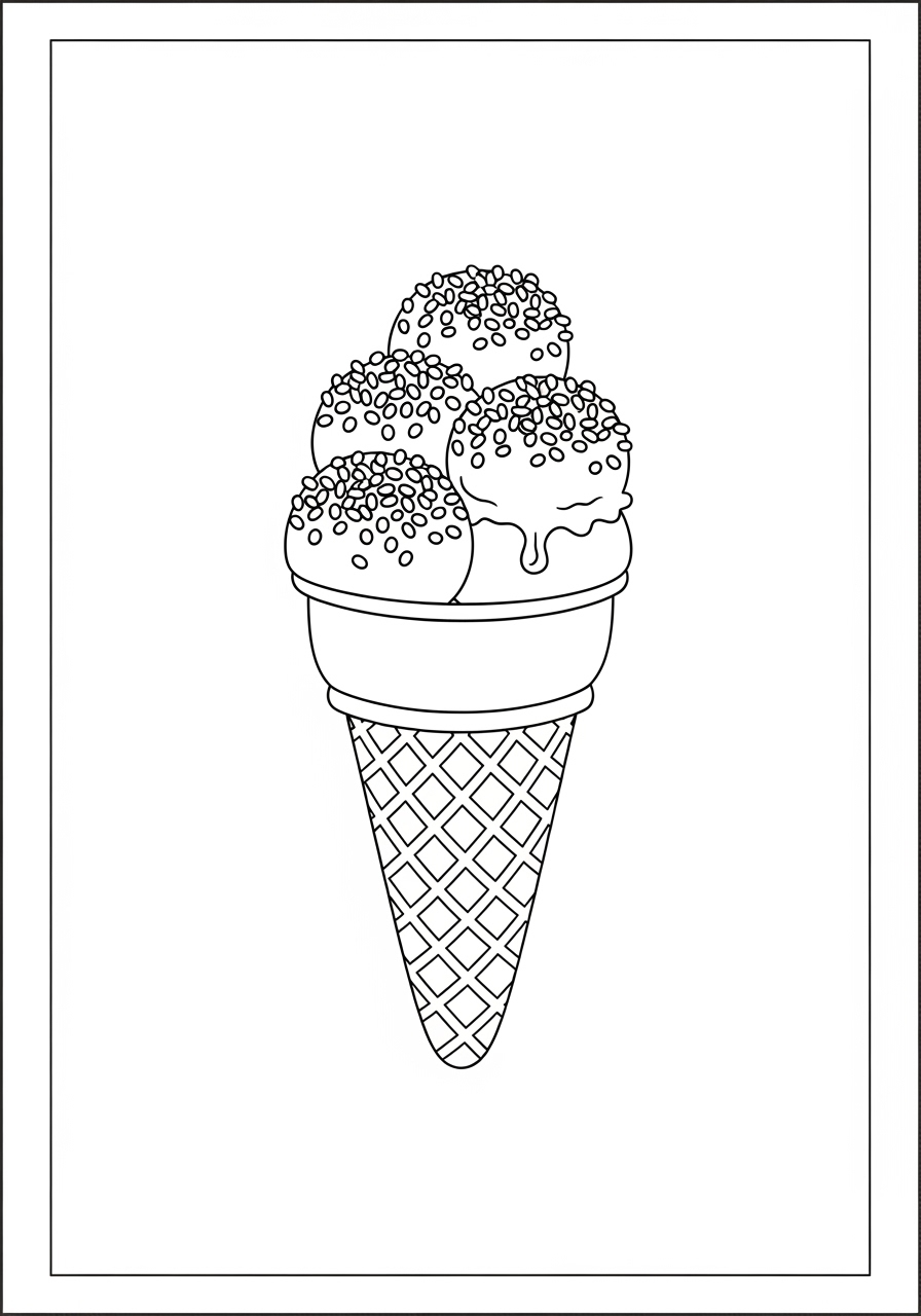 Desenho de Sorvete de cone com 3 bolas e granulado