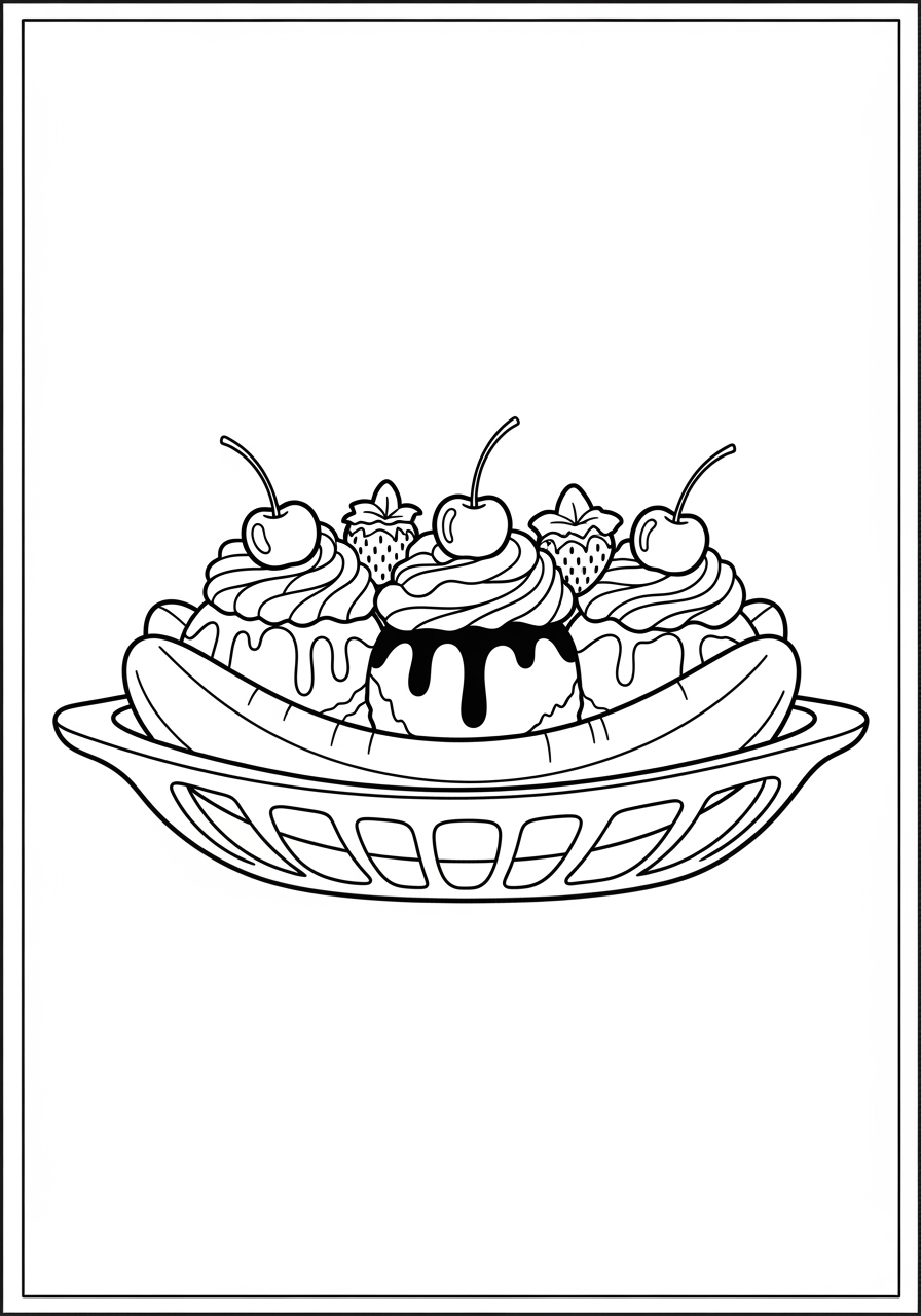 Desenho de banana split com três bolas de sorvete e cerejas