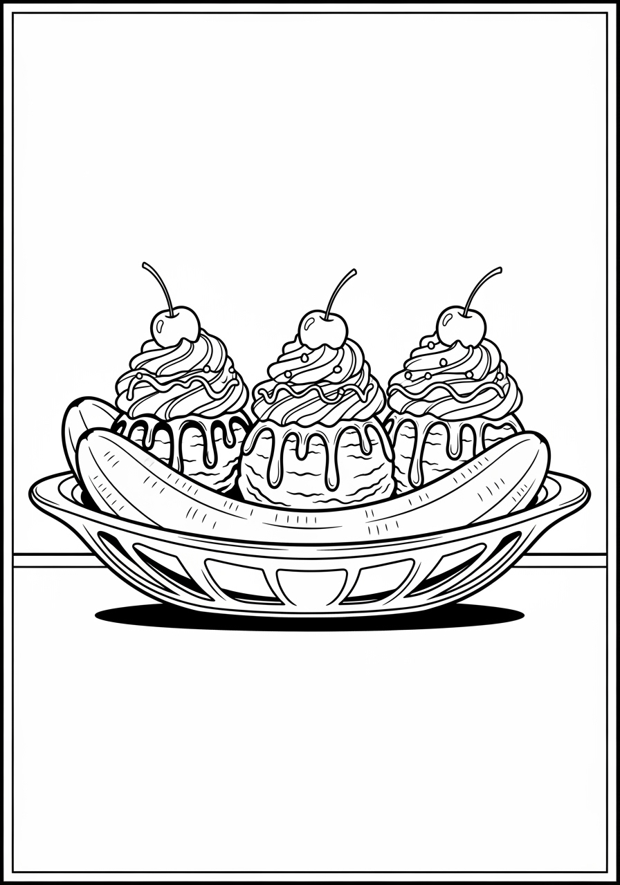 Desenho de taça de sorvete com três bolas e uma banana