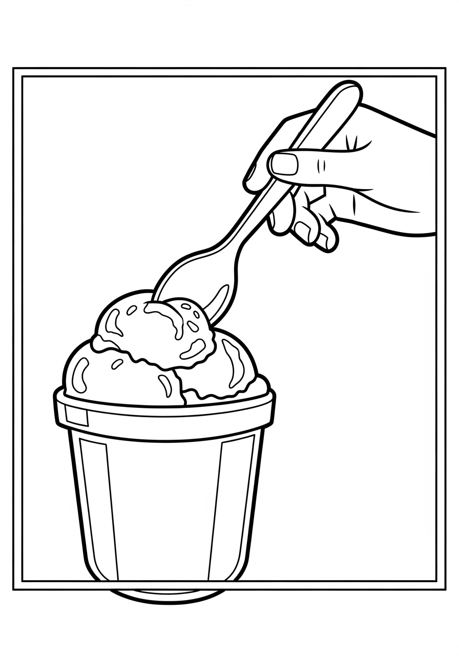 Desenho de copo de sorvete com mão segurando colher
