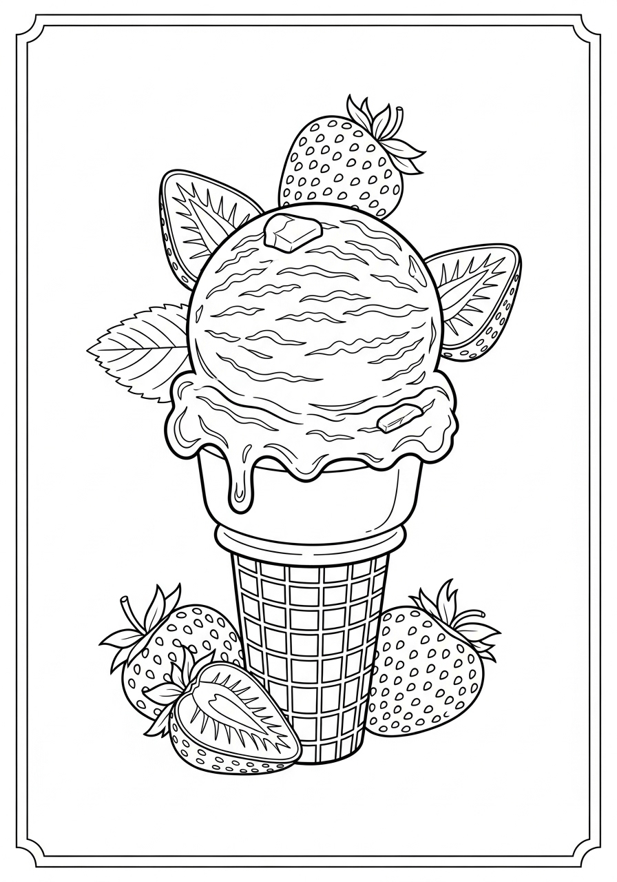 Desenho de Sorvete com morangos e folhas para colorir