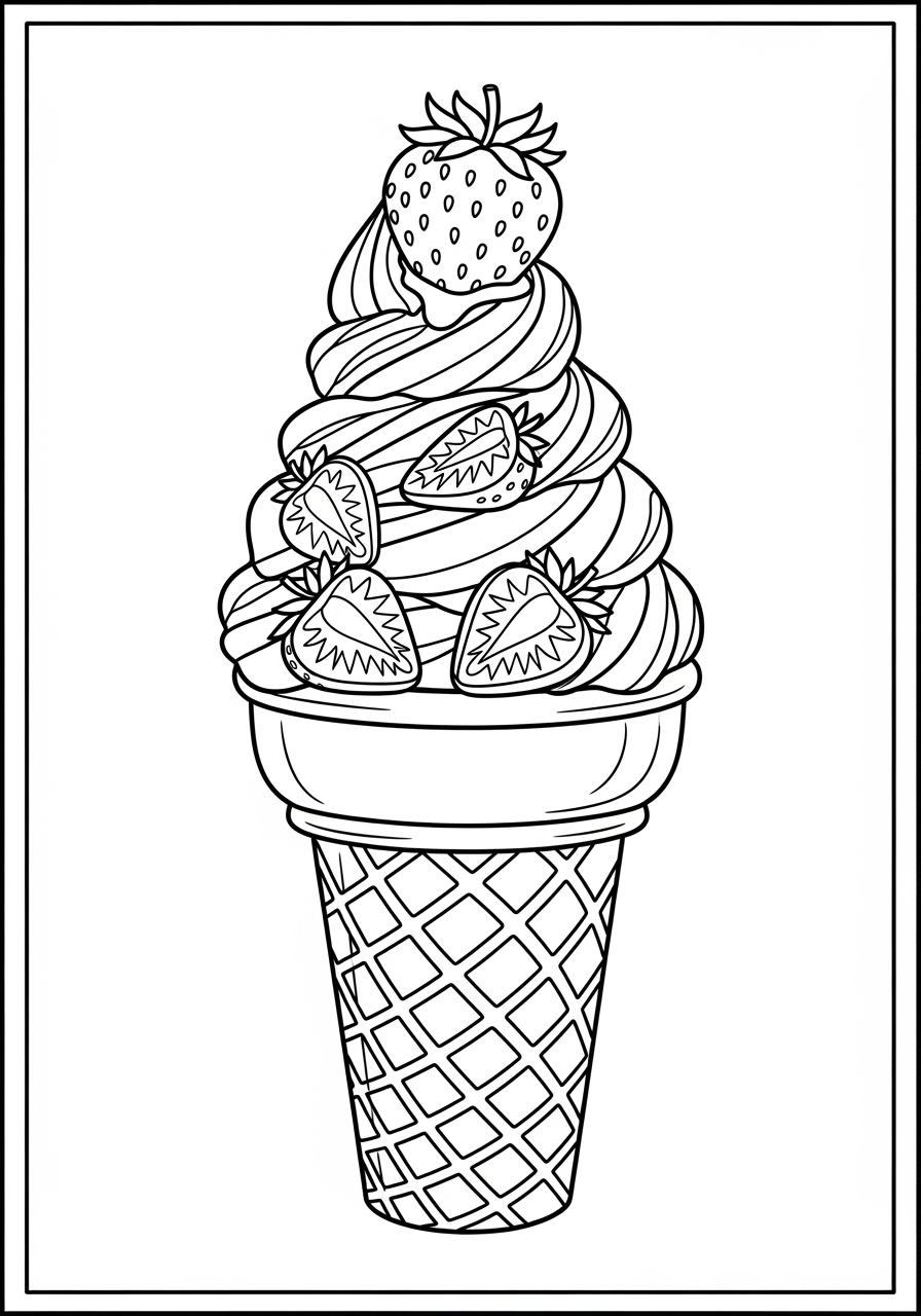 Desenho de Sorvete de casquinha com morangos para colorir