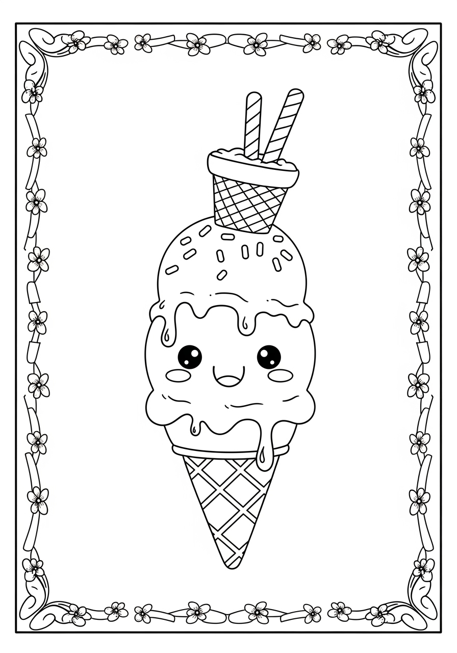 Desenho de Sorvete com rosto e dois cones para colorir