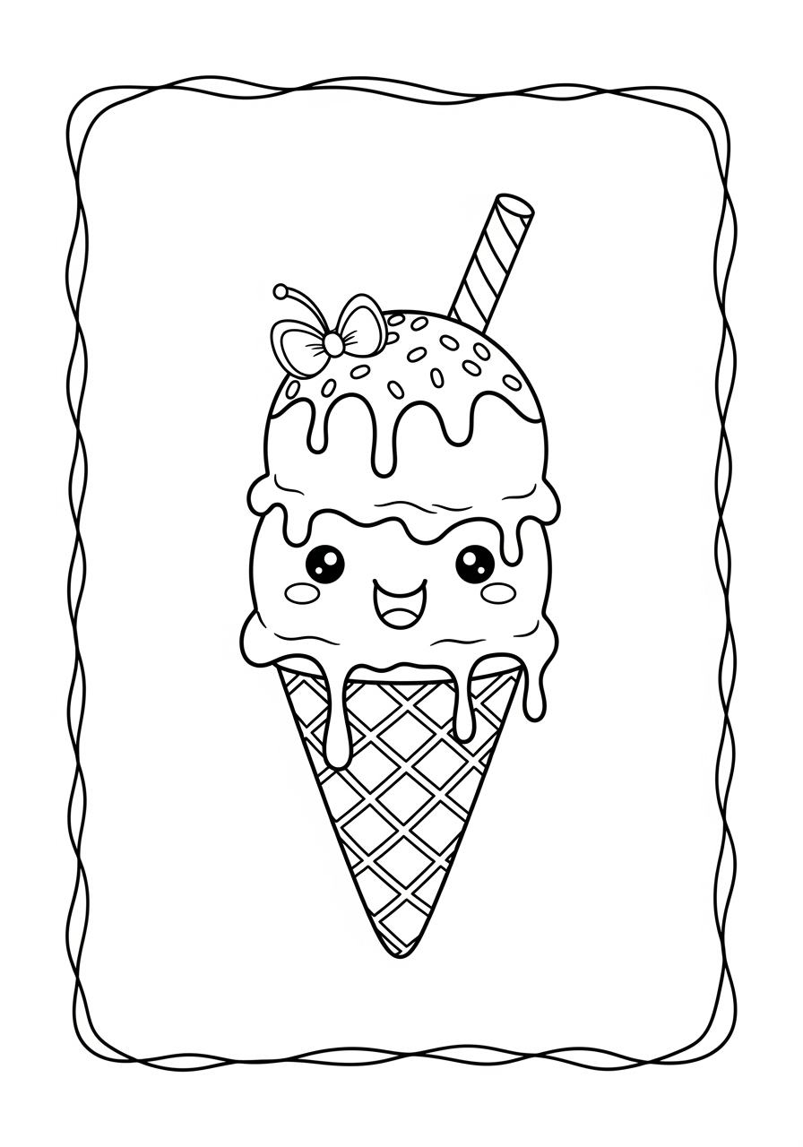 Desenho de Sorvete sorridente com cobertura e canudo