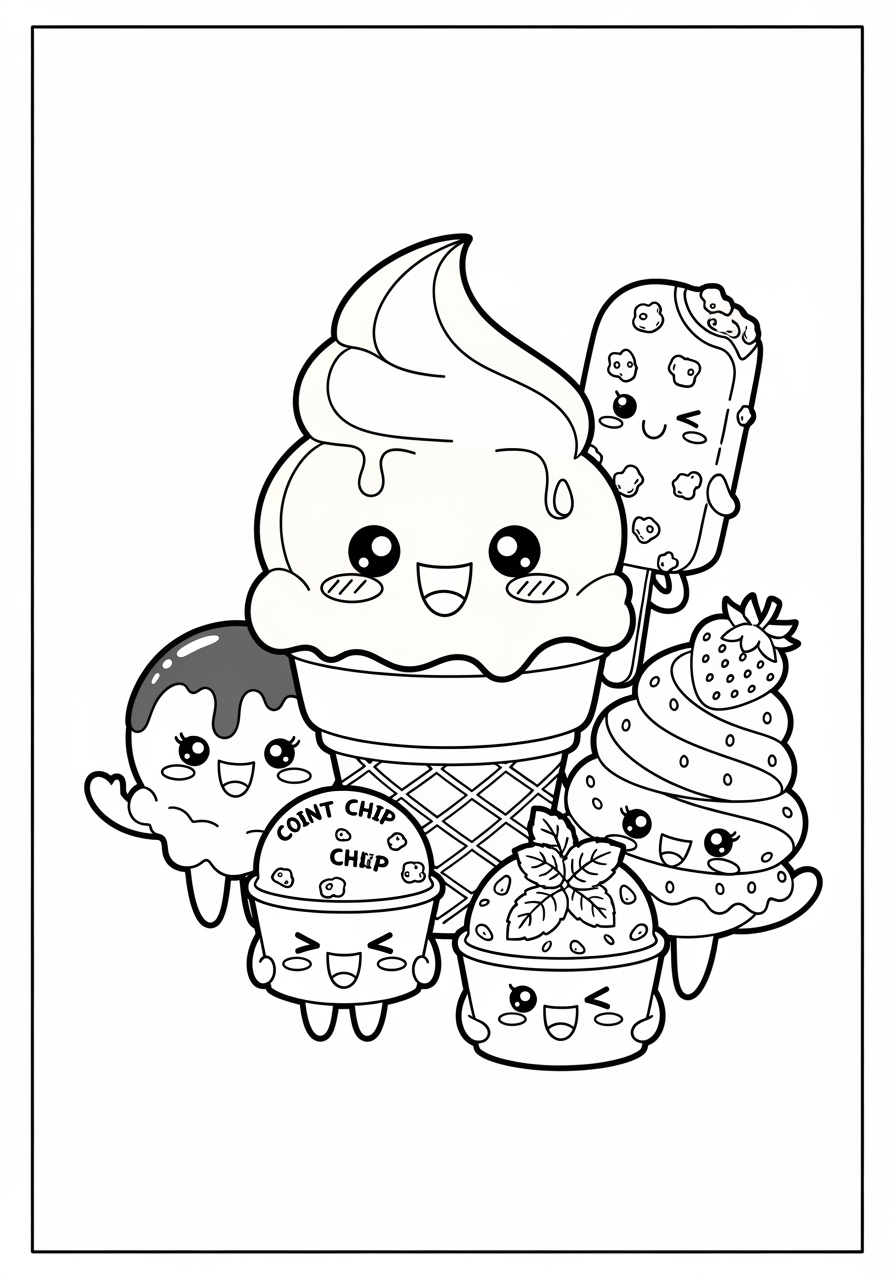 Desenho de sorvete com personagens divertidos para colorir