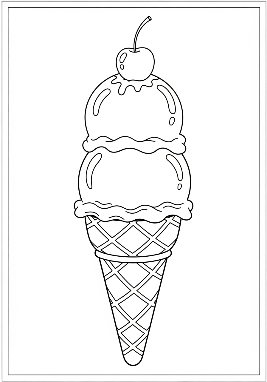 Desenho de Sorvete de casquinha com duas bolas e cereja