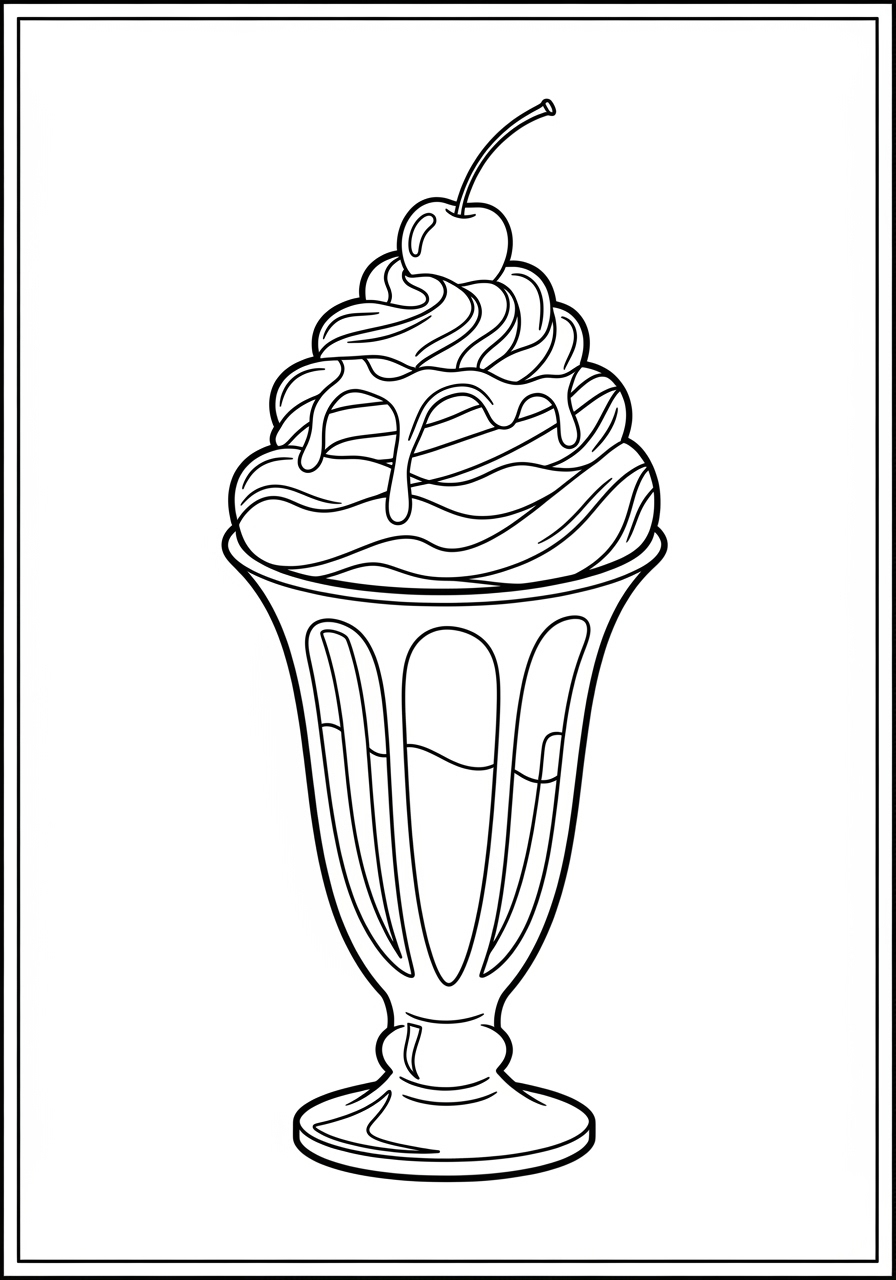 Desenho de Sundae com cobertura e cereja para colorir