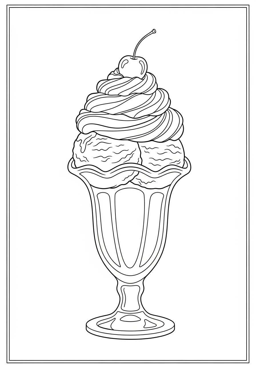 Desenho de sundae com duas bolas e chantilly para colorir