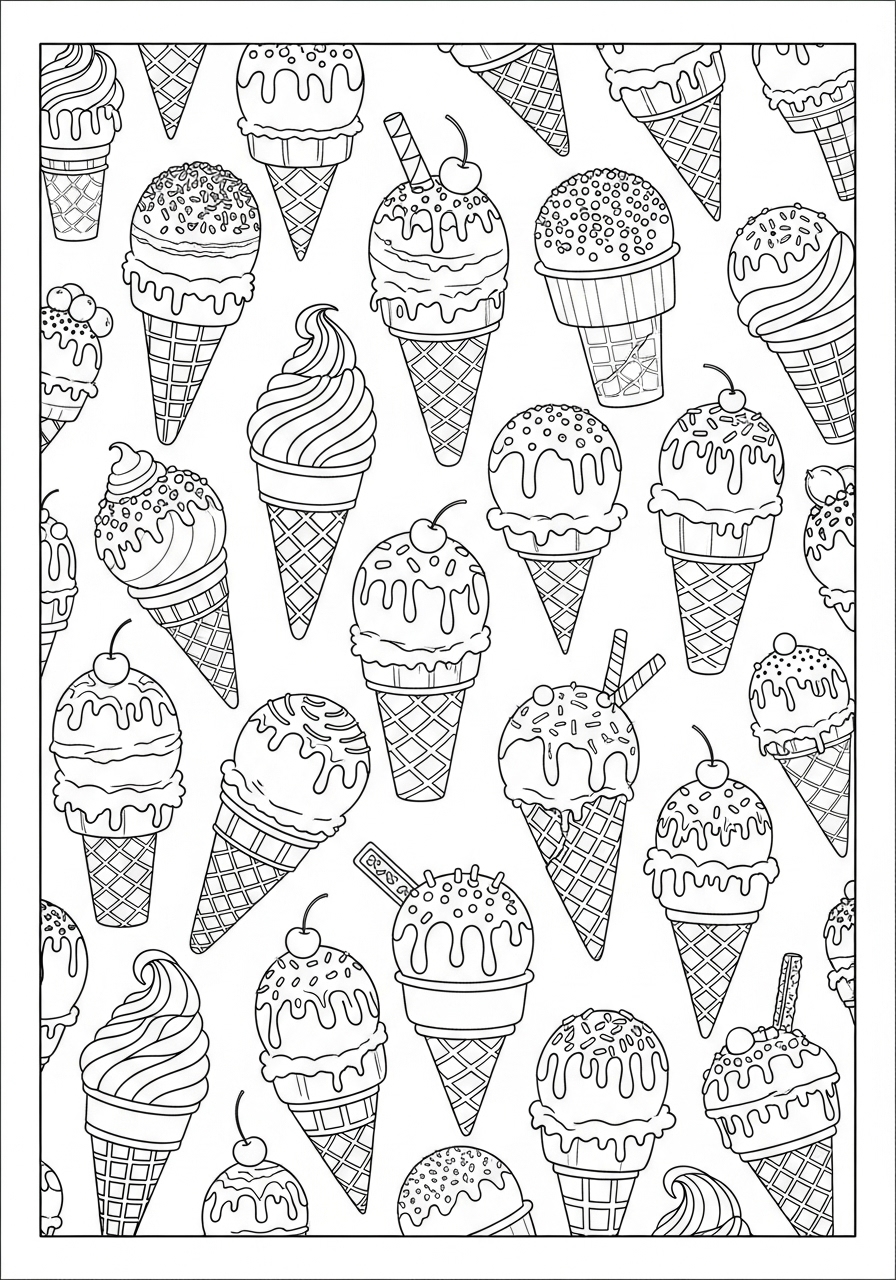Desenho de diversos sorvetes de cone para colorir
