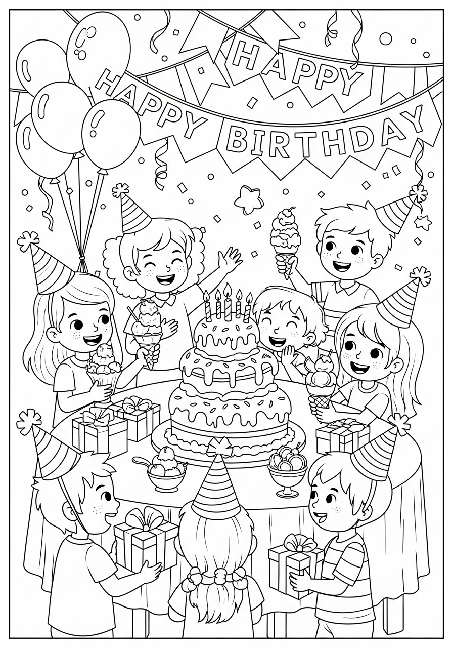 Desenho de festa de aniversário com crianças e bolo
