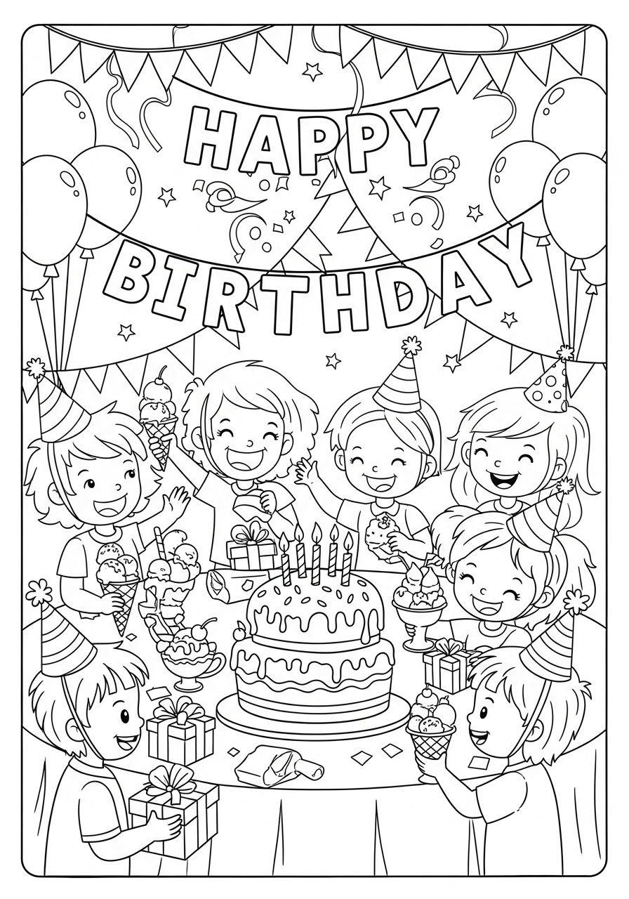 Desenho de crianças festejando com bolo e sorvete