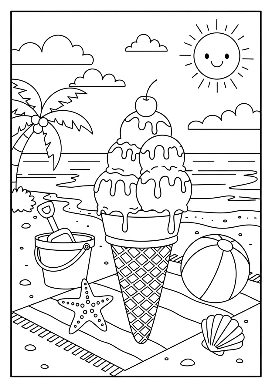 Desenho de Sorvete com cenário de praia para colorir