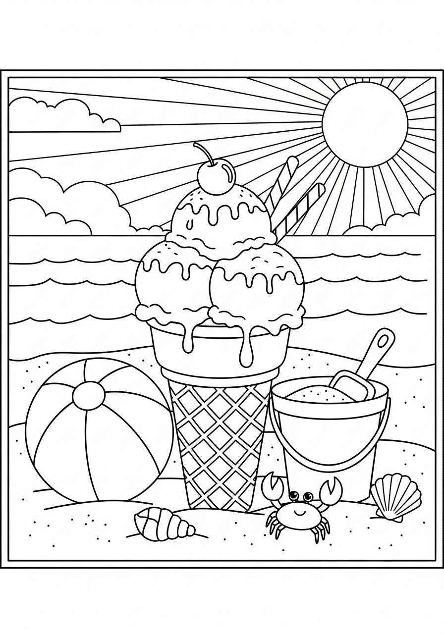 Desenho de Sorvete em copo com praia e acessórios para colorir