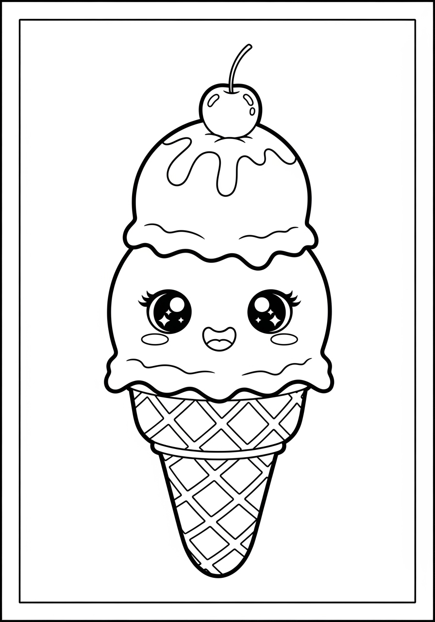 Desenho de sorvete encantador com olhos grandes e cereja