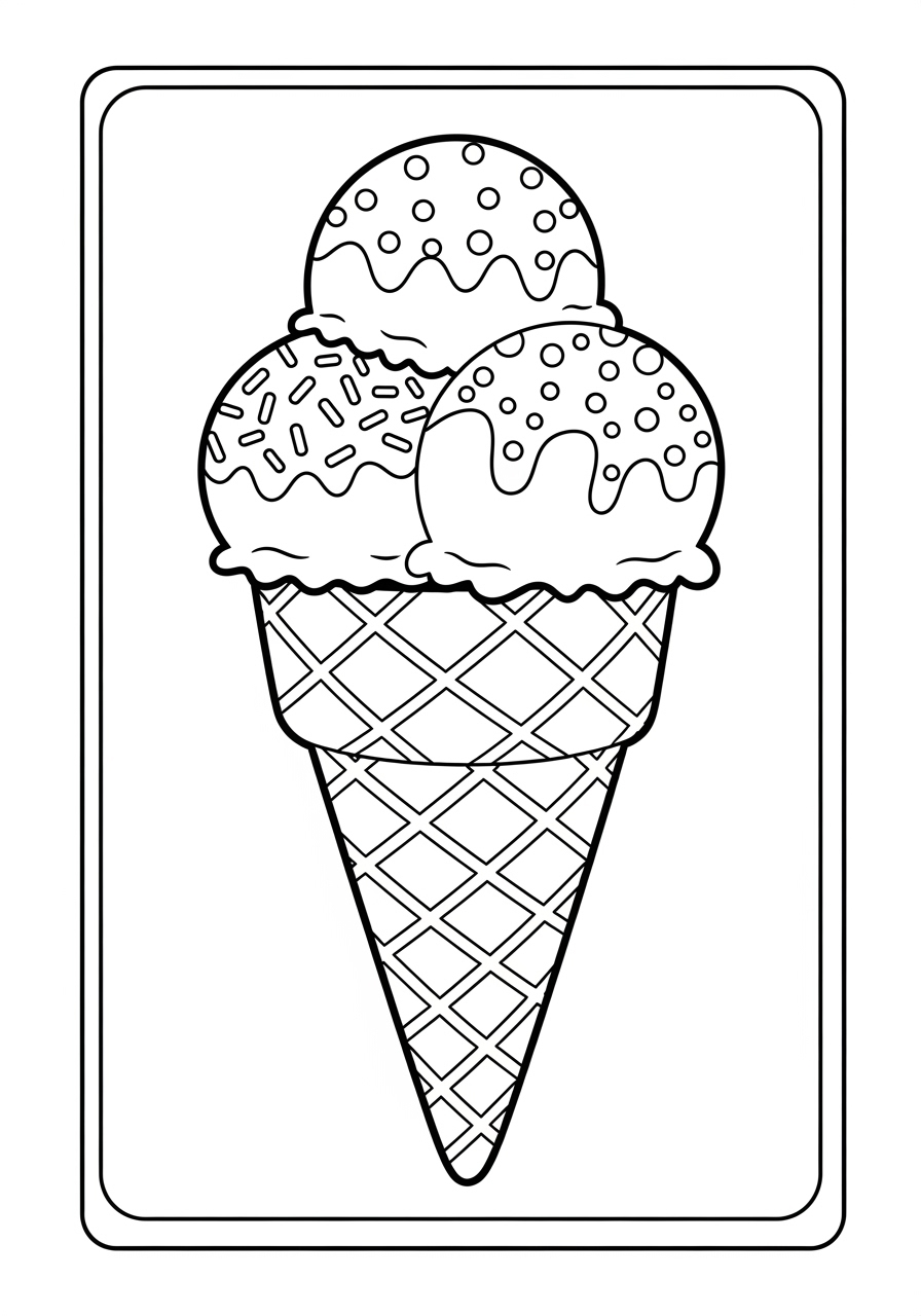 Desenho de sorvete de cone com 3 bolas para colorir