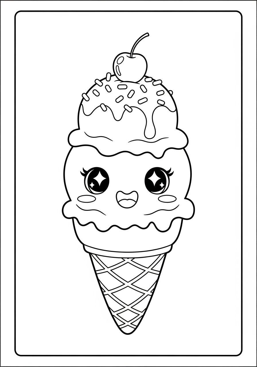 Desenho de Sorvete de casquinha com olhos e cereja no topo