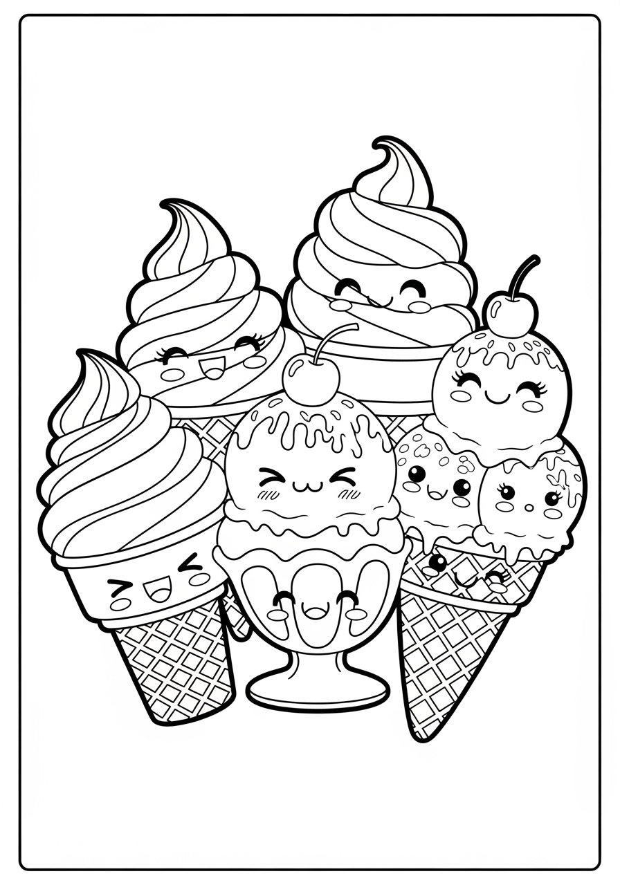 Desenho de vários sorvetes divertidos para colorir