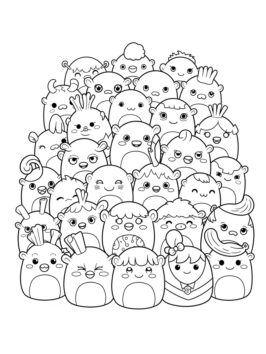 Desenho de vários Squishmallows fofos para colorir