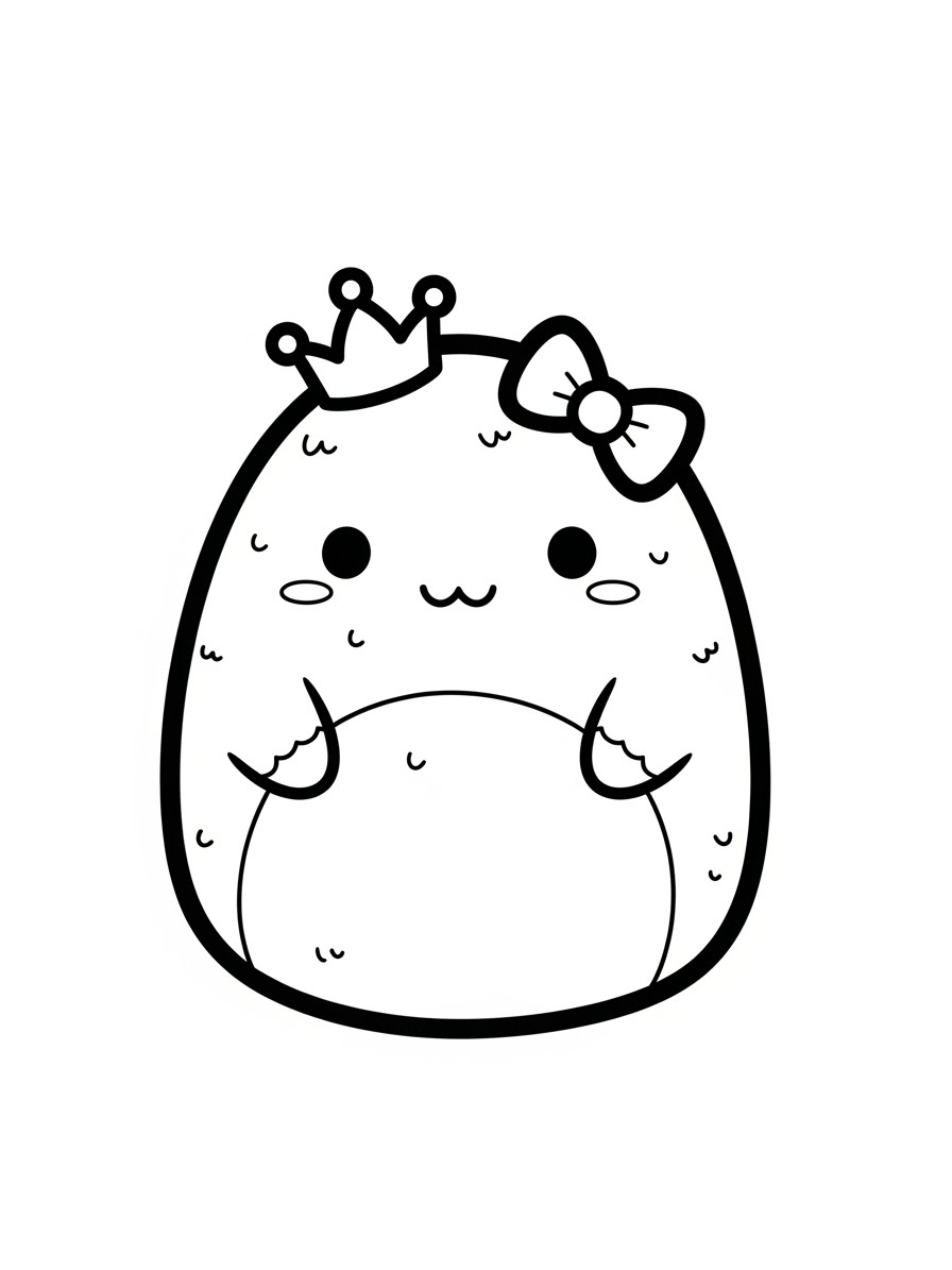 Desenho de Squishmallow com coroa e laço para colorir
