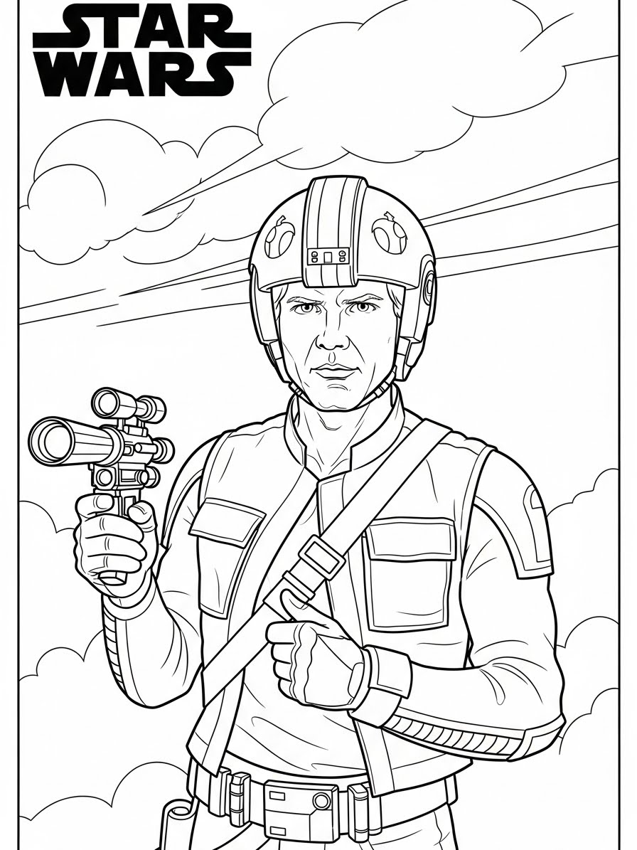 Desenho de Star Wars com piloto usando blaster para colorir