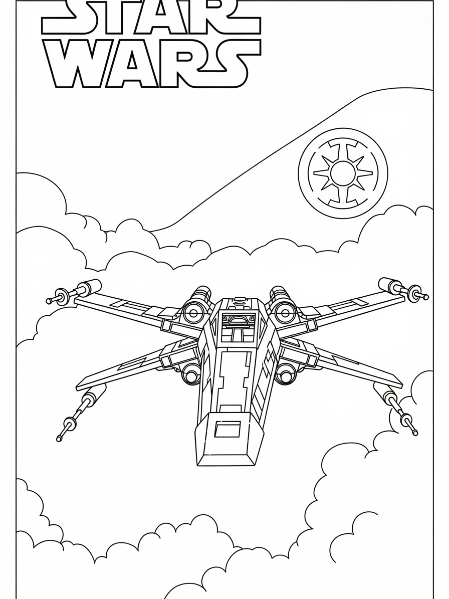 Desenho de Star Wars com nave para colorir