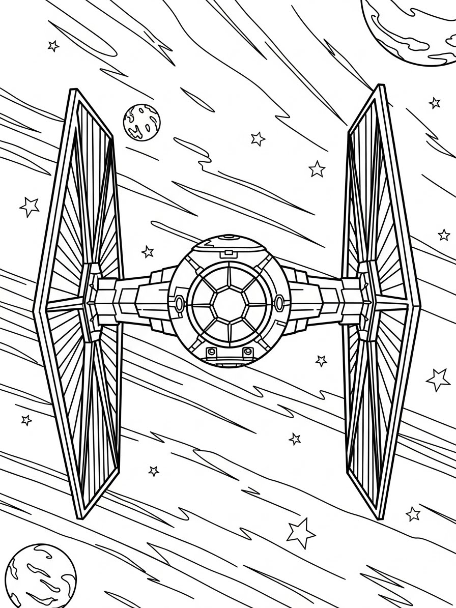 Desenho de Star Wars com nave TIE Fighter para colorir