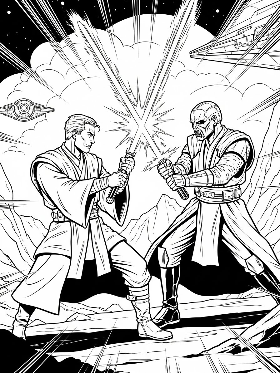 Desenho de Star Wars com Jedi lutando para colorir