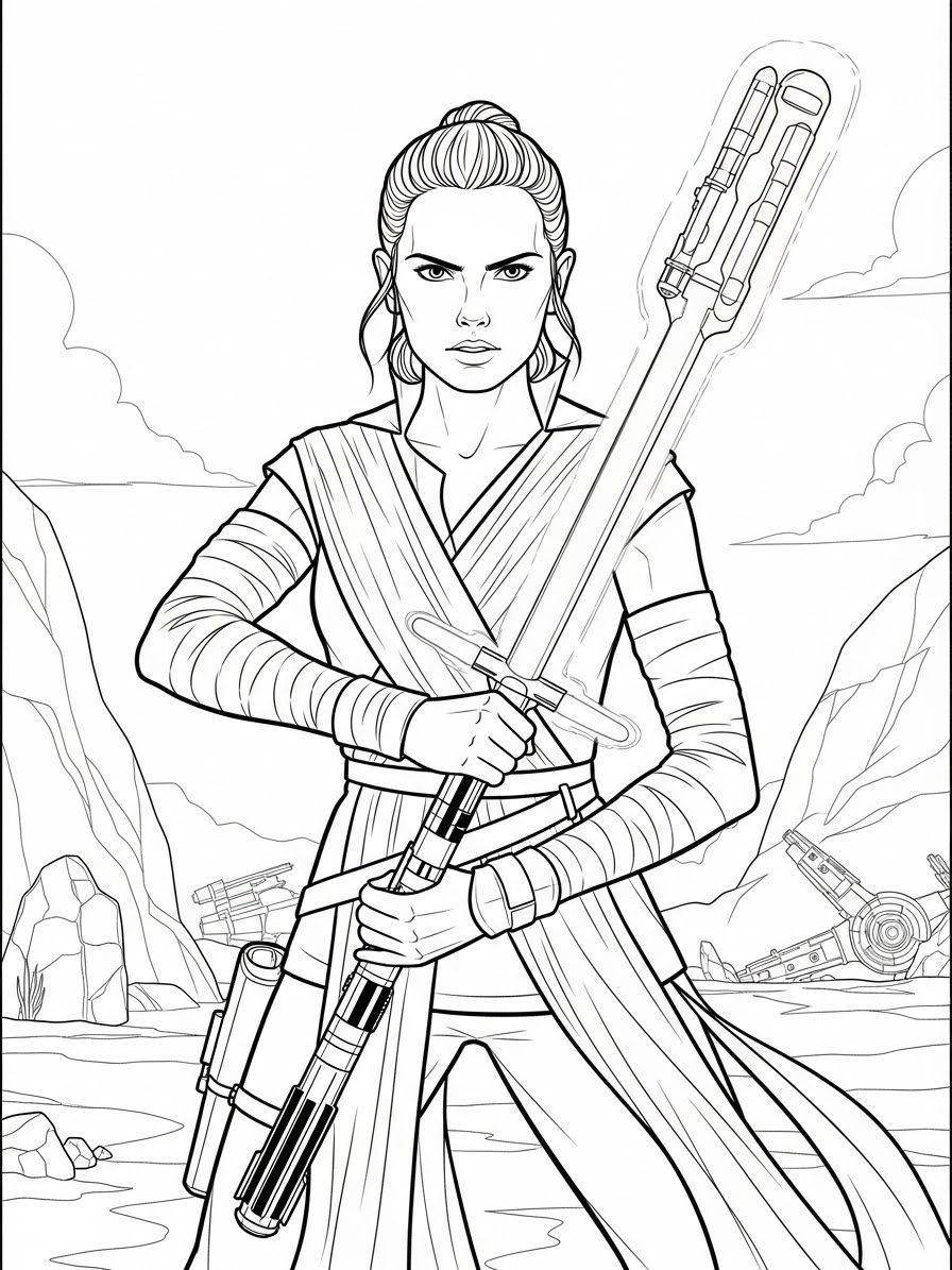 Desenho de Star Wars com Rey e seu sabre de luz para colorir