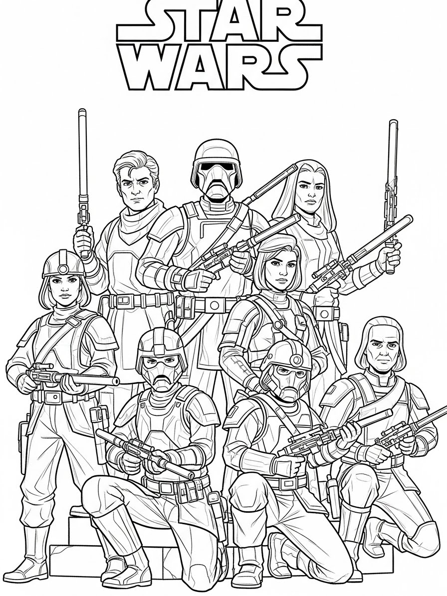 Desenho de Star Wars com vários personagens para colorir