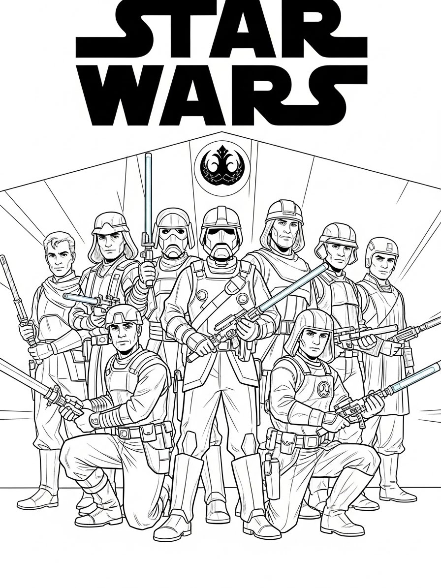 Desenho de Star Wars com personagens para colorir