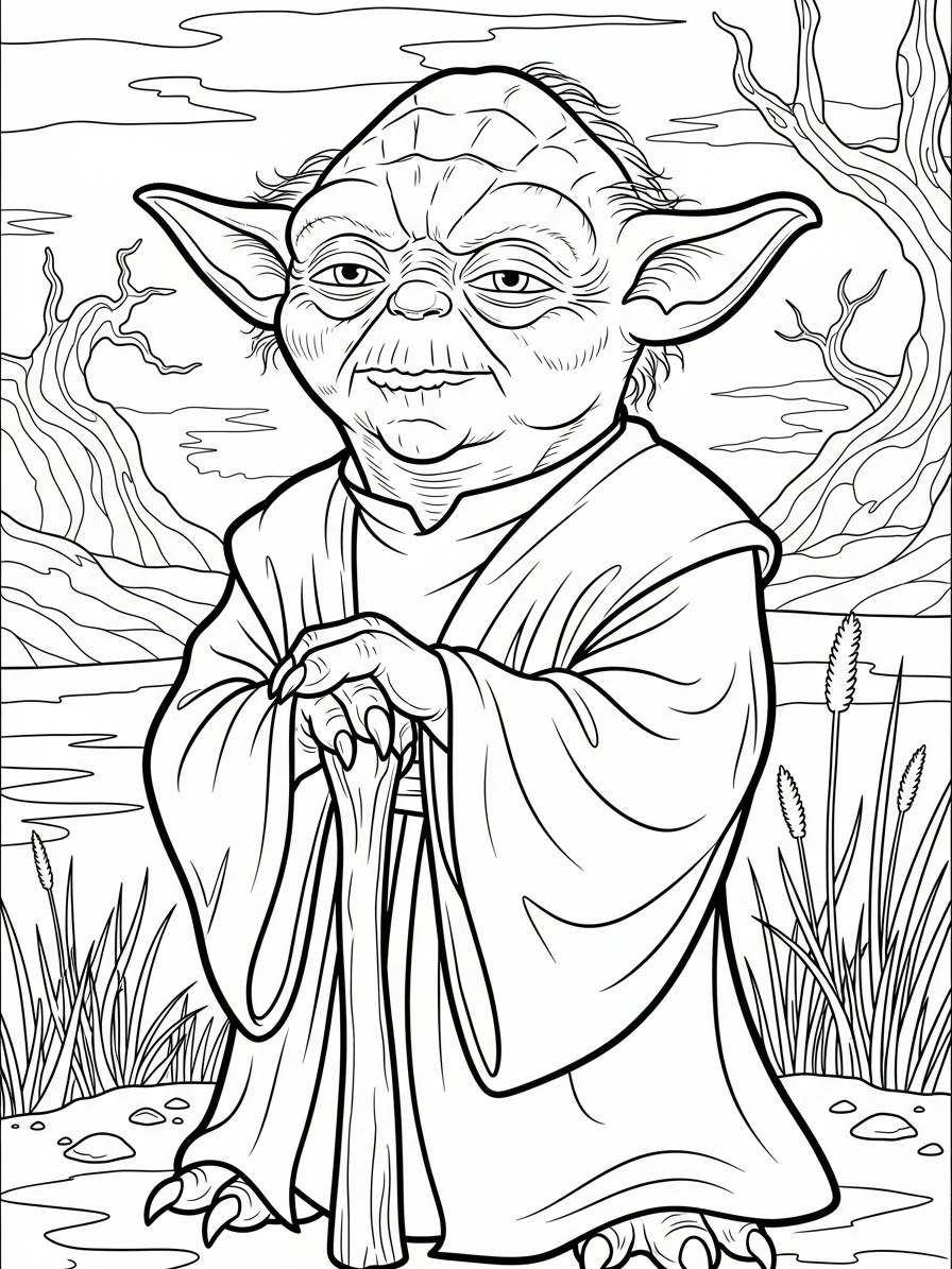 Desenho de Star Wars com Yoda para colorir