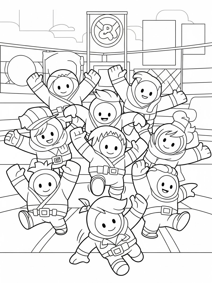 Desenho dos Stumble Guys felizes se divertindo para colorir