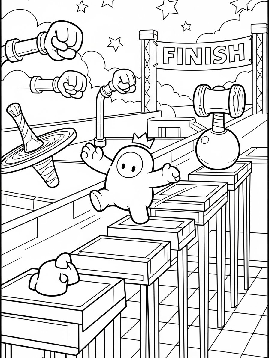 Desenho dos Stumble Guys pulando sobre obstáculos para colorir
