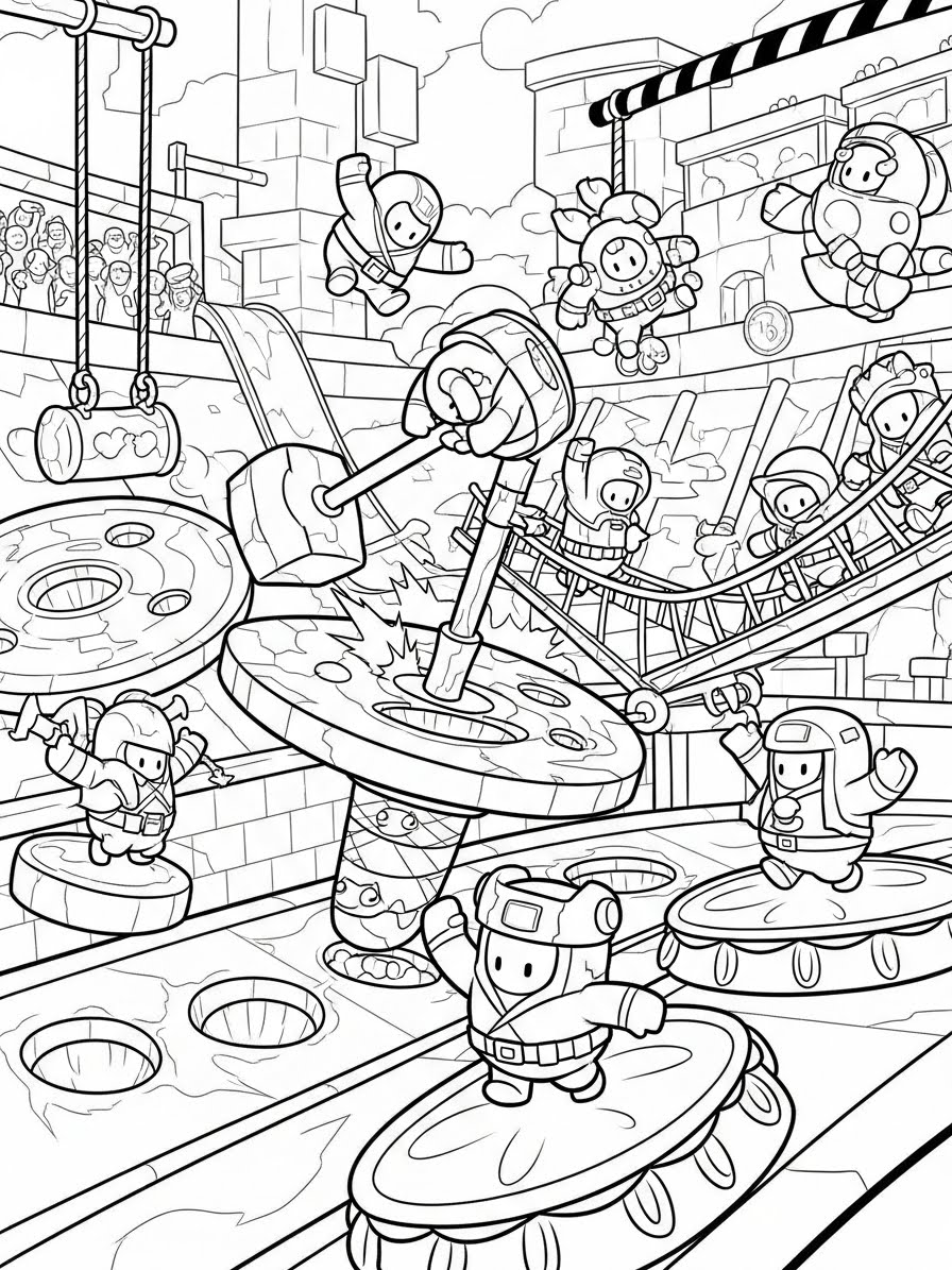 Desenho dos Stumble Guys em ação em um cenário divertido para colorir