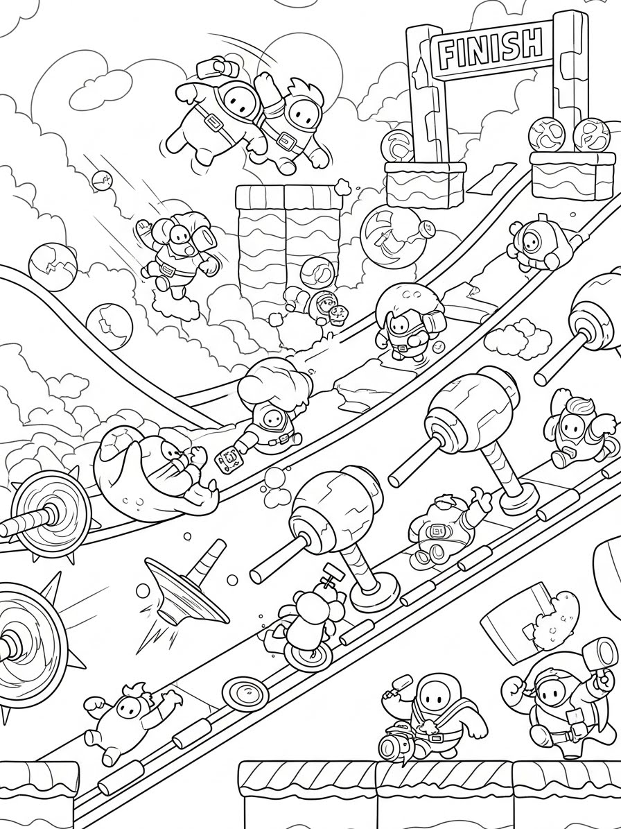 Desenho dos Stumble Guys competindo em uma corrida para colorir