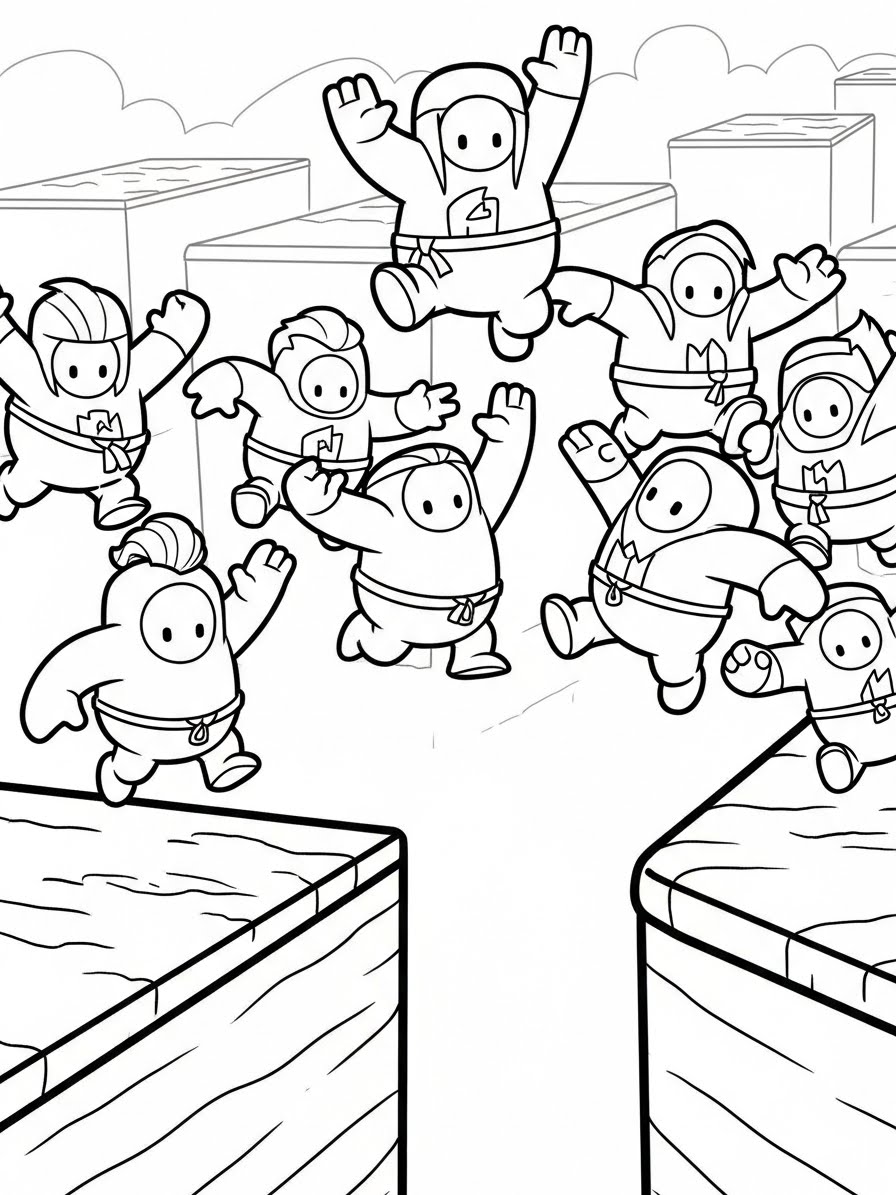 Desenho dos Stumble Guys pulando de uma plataforma para colorir