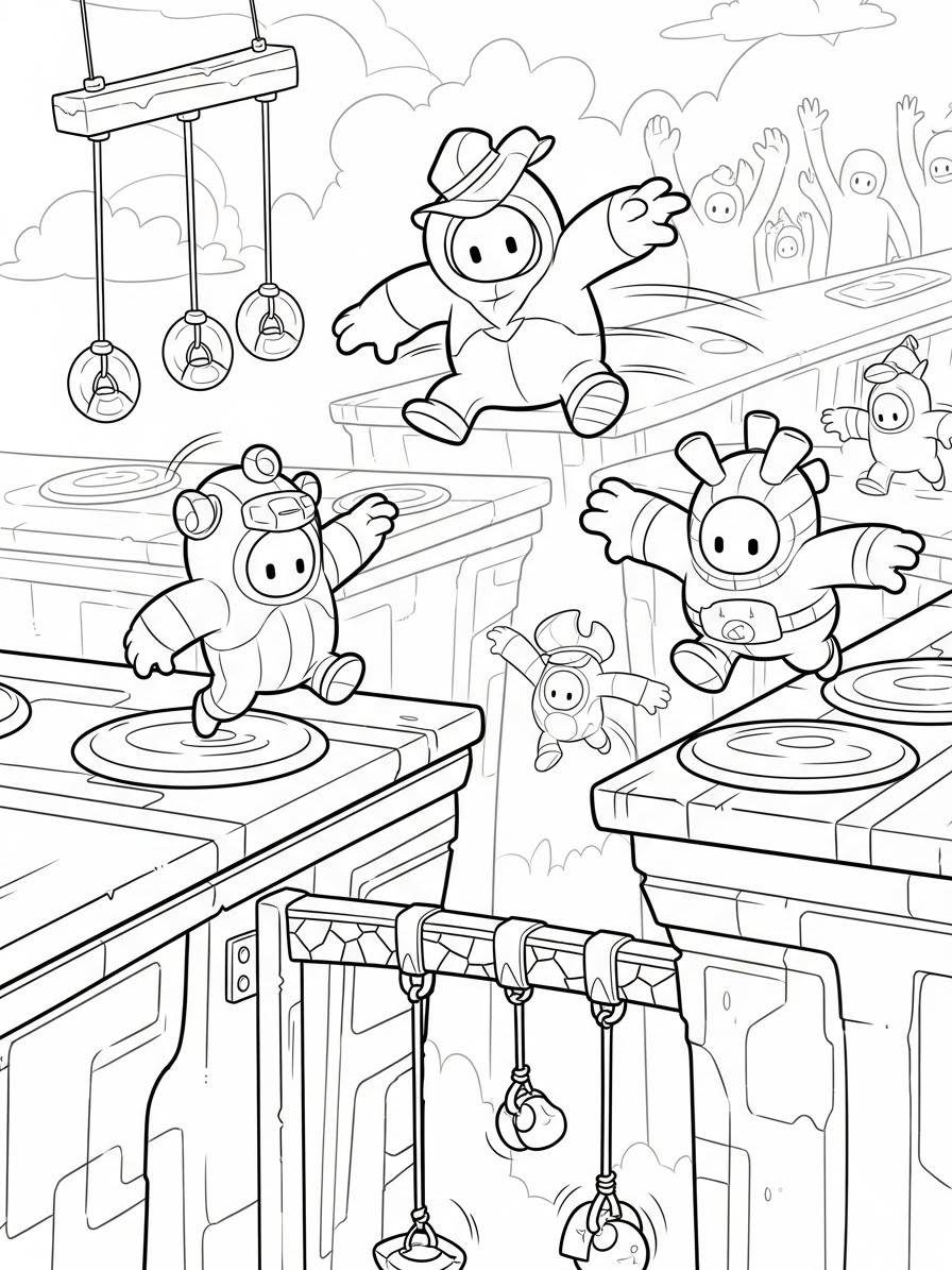 Desenho dos Stumble Guys pulando em plataformas para colorir