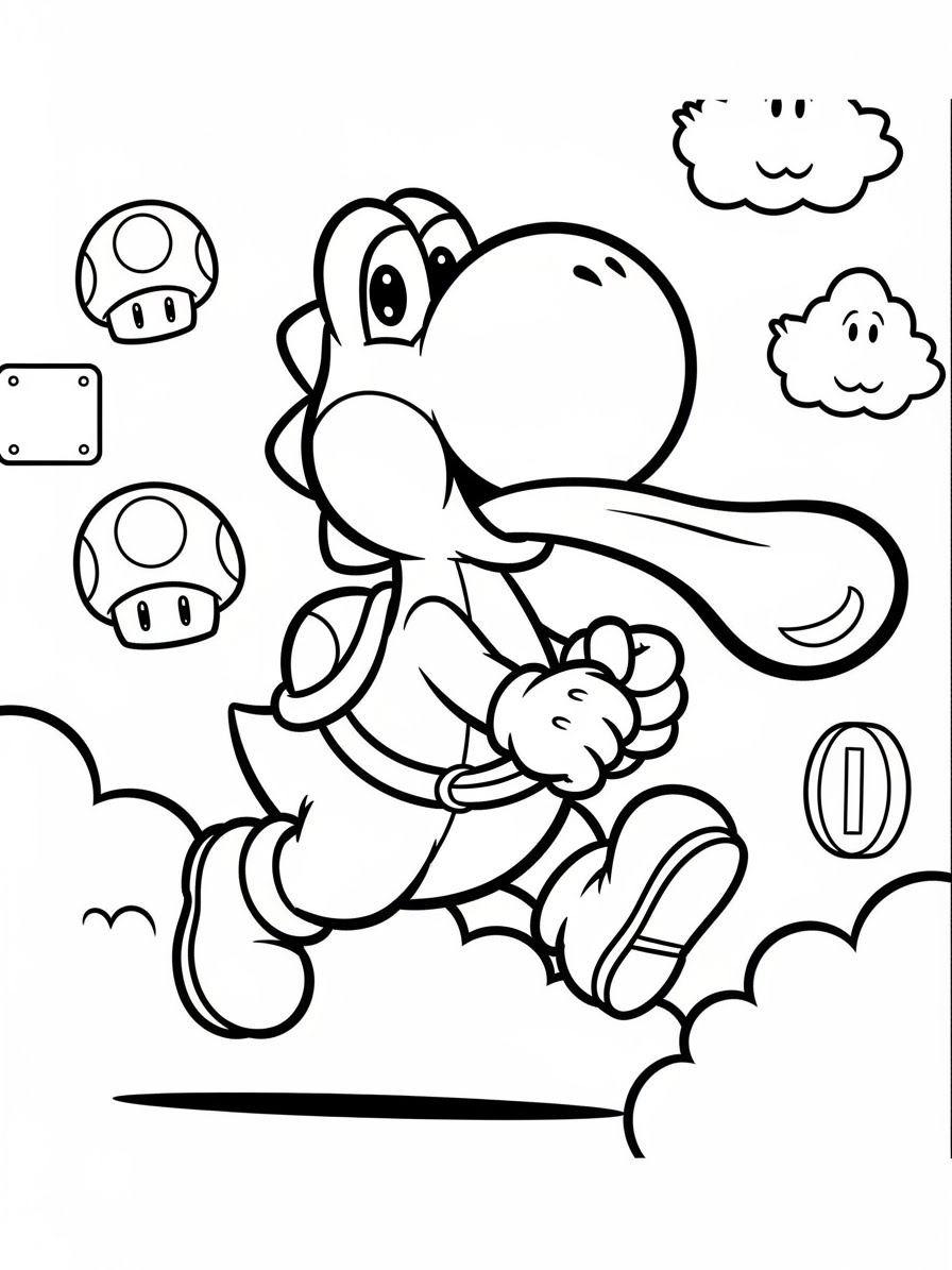 Desenho do Super Mario Bros com o Yoshi para colorir