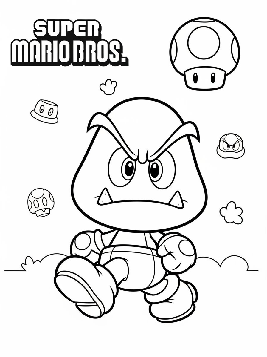 Desenho do Super Mario Bros com um Goomba para colorir